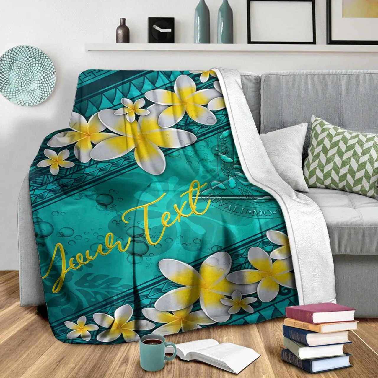 Tuvalu Polynesian Custom Personalised Blanket - Plumeria With Blue Ocean 4