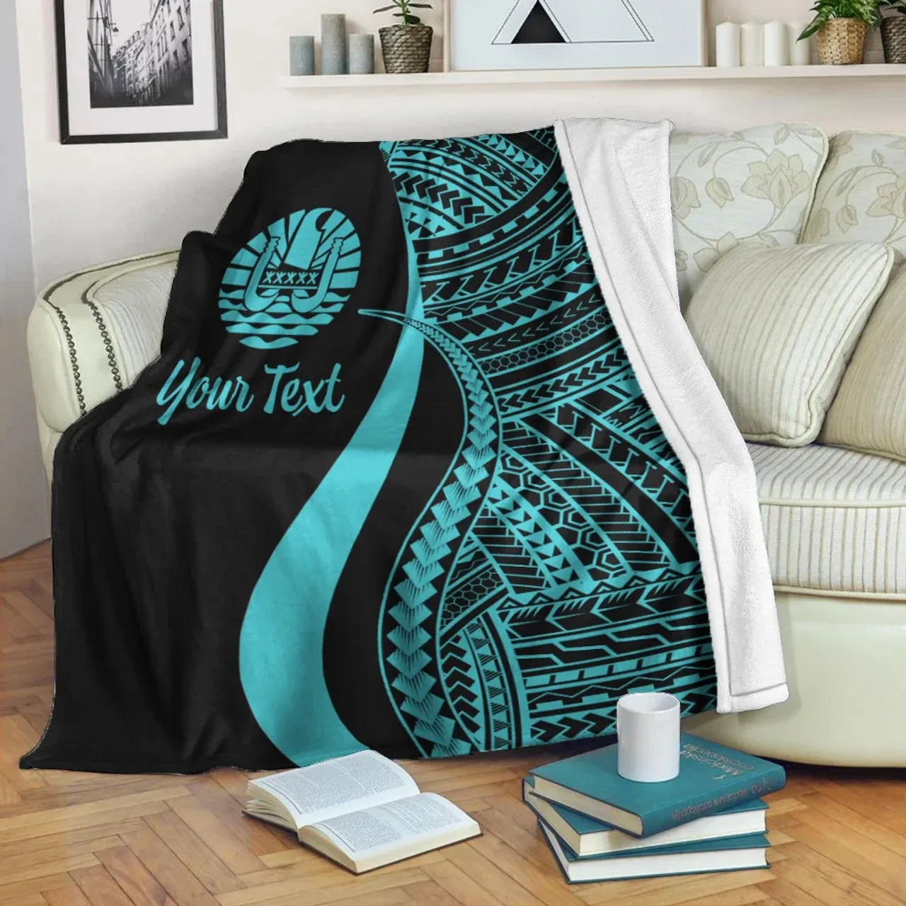 Tahiti Custom Personalised Premium Blanket - Turquoise Polynesian Tentacle Tribal Pattern 2