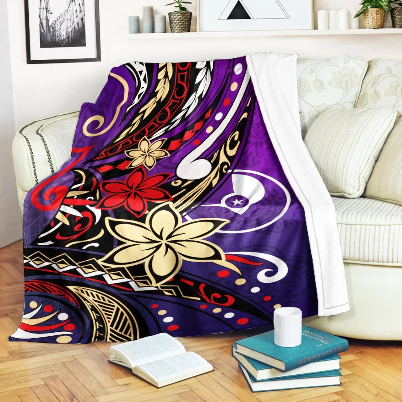 Yap State Premium Blanket - Tribal Flower With Special Turtles Purple Color 1