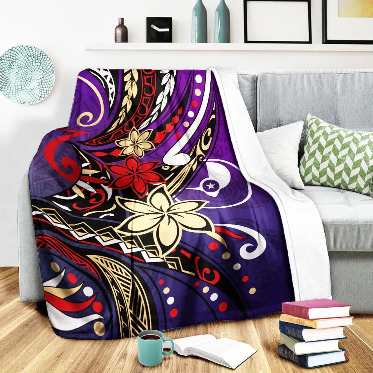 Yap State Premium Blanket - Tribal Flower With Special Turtles Purple Color 3