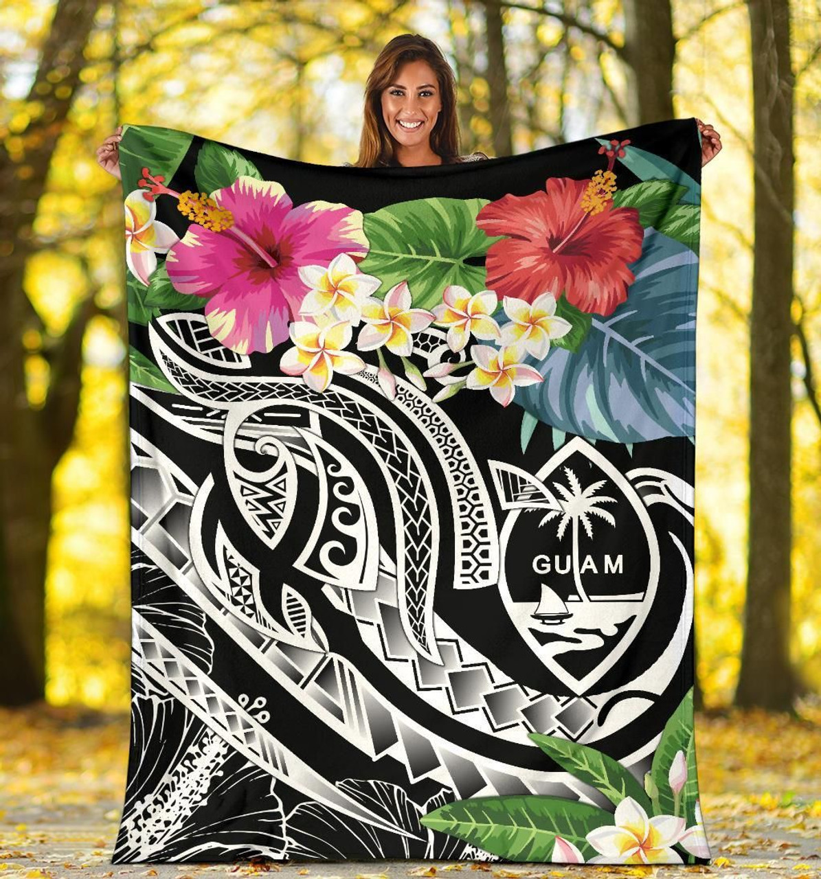 Guam Polynesian Premium Blanket - Summer Plumeria (Black) 5