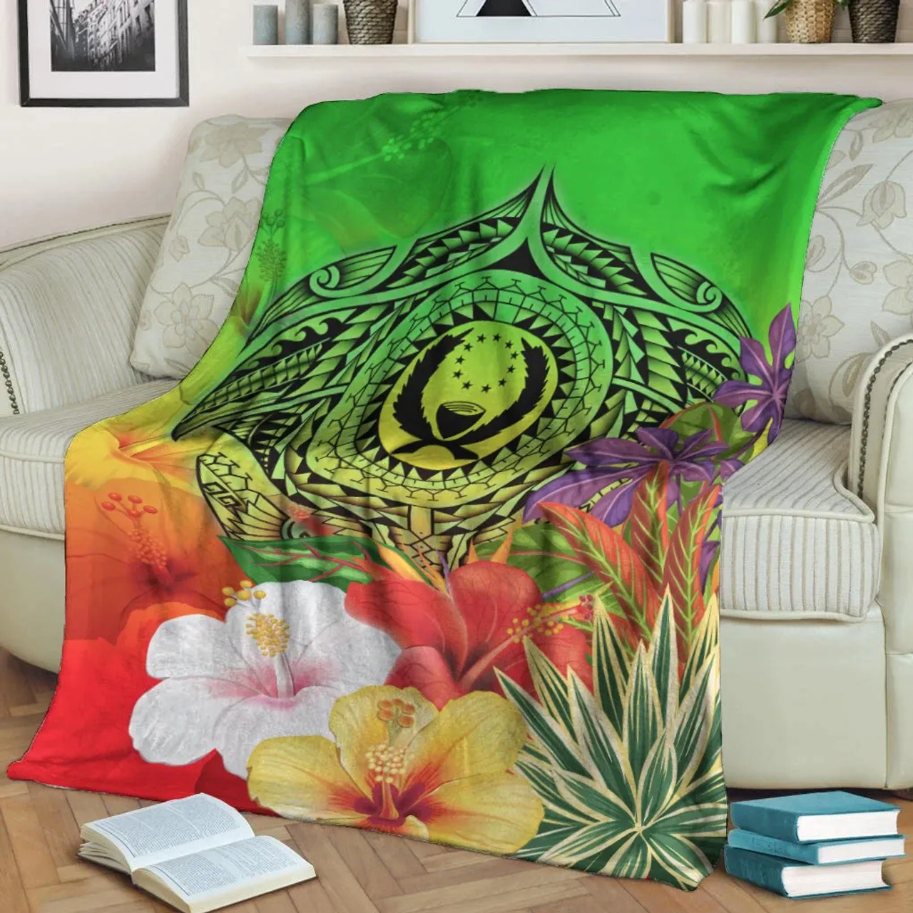 Pohnpei Premium Blanket - Manta Ray Tropical Flowers (Green) 3