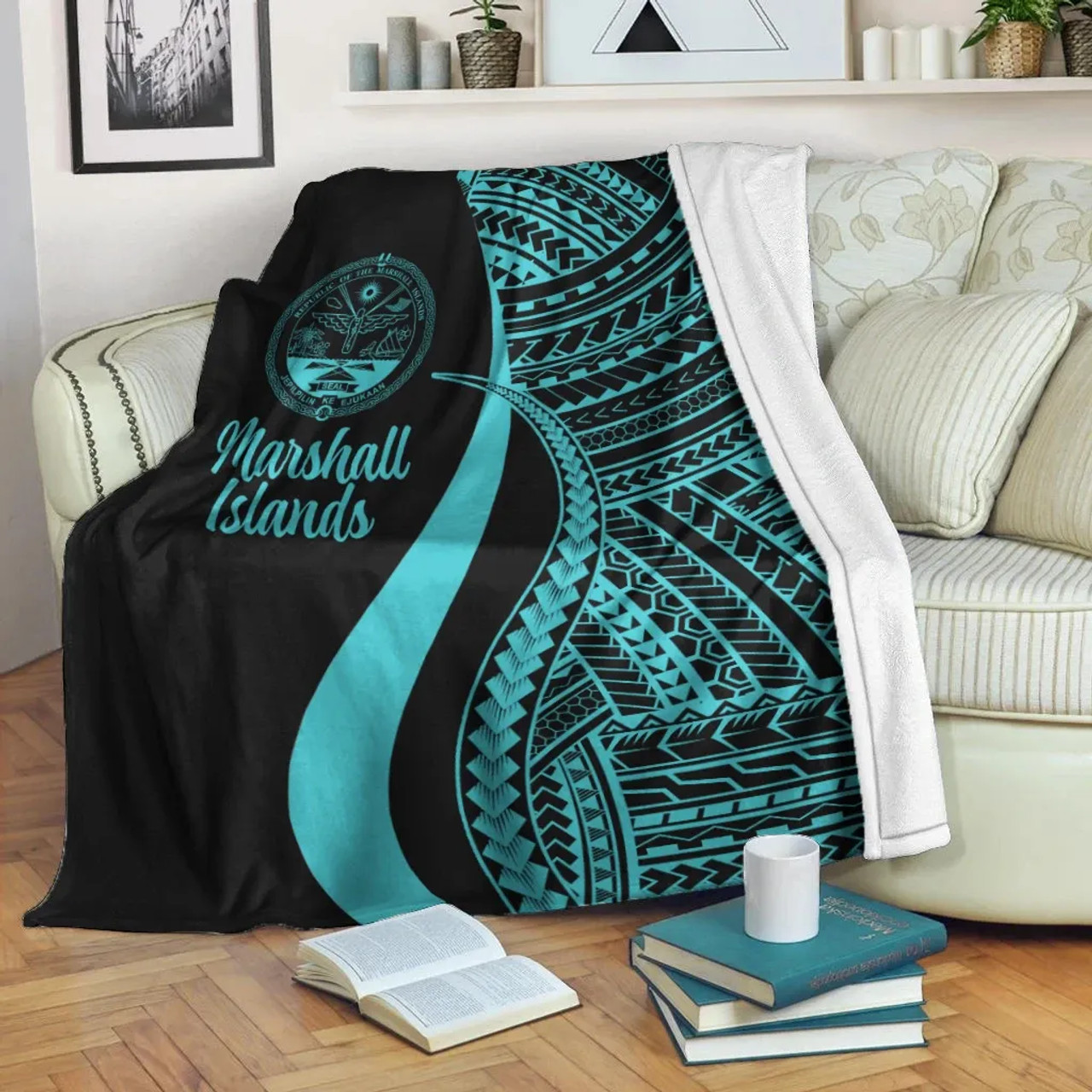Marshall Islands Premium Blanket - Turquoise Polynesian Tentacle Tribal Pattern Crest 2