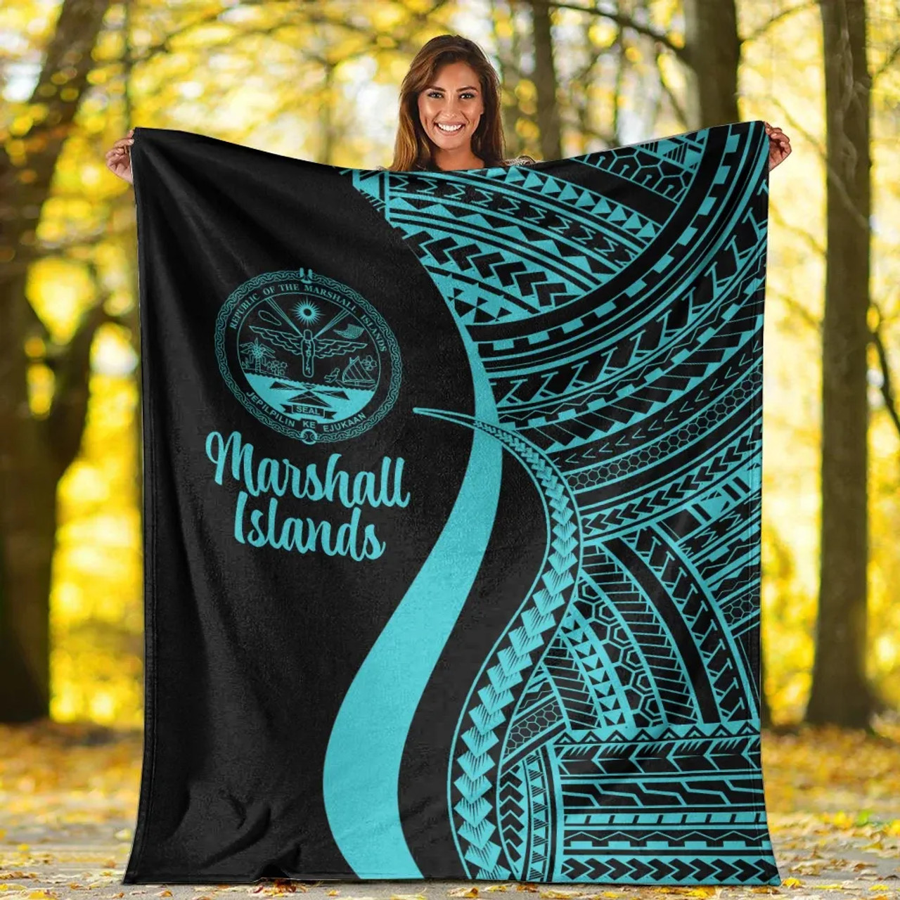 Marshall Islands Premium Blanket - Turquoise Polynesian Tentacle Tribal Pattern Crest 6