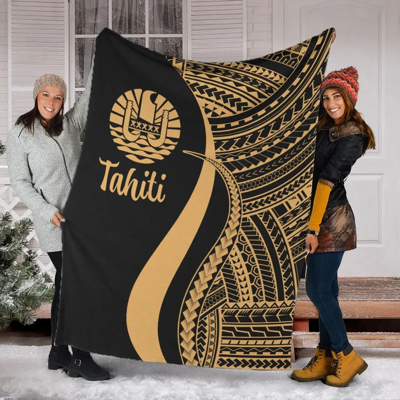 Tahiti Premium Blanket - Gold Polynesian Tentacle Tribal Pattern 1