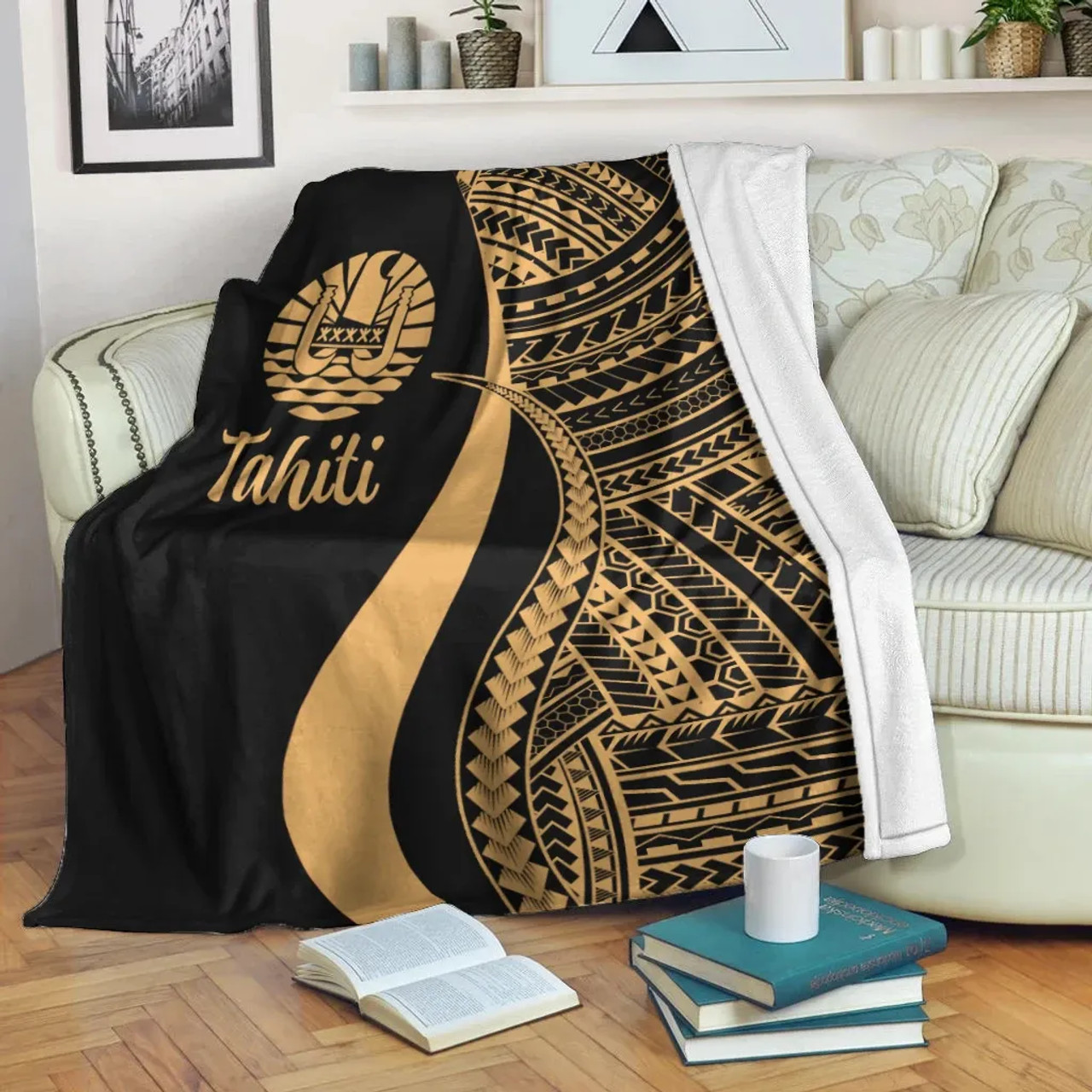 Tahiti Premium Blanket - Gold Polynesian Tentacle Tribal Pattern 2