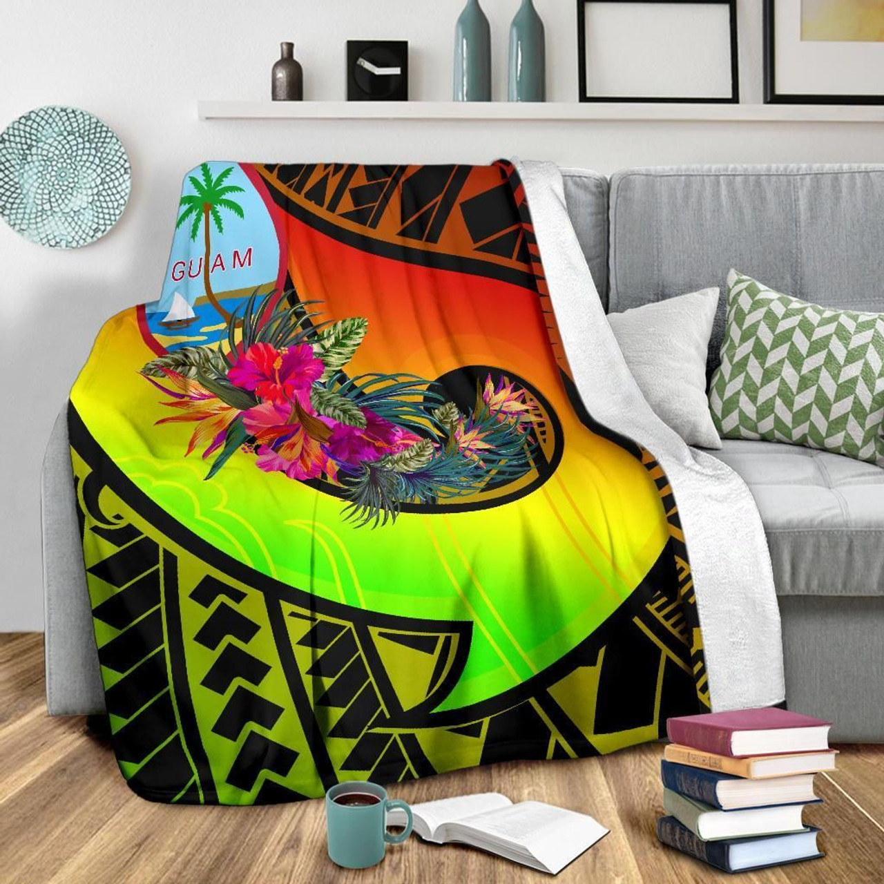 Guam Premium Blanket - Polynesian Hook And Hibiscus (Raggae) 3
