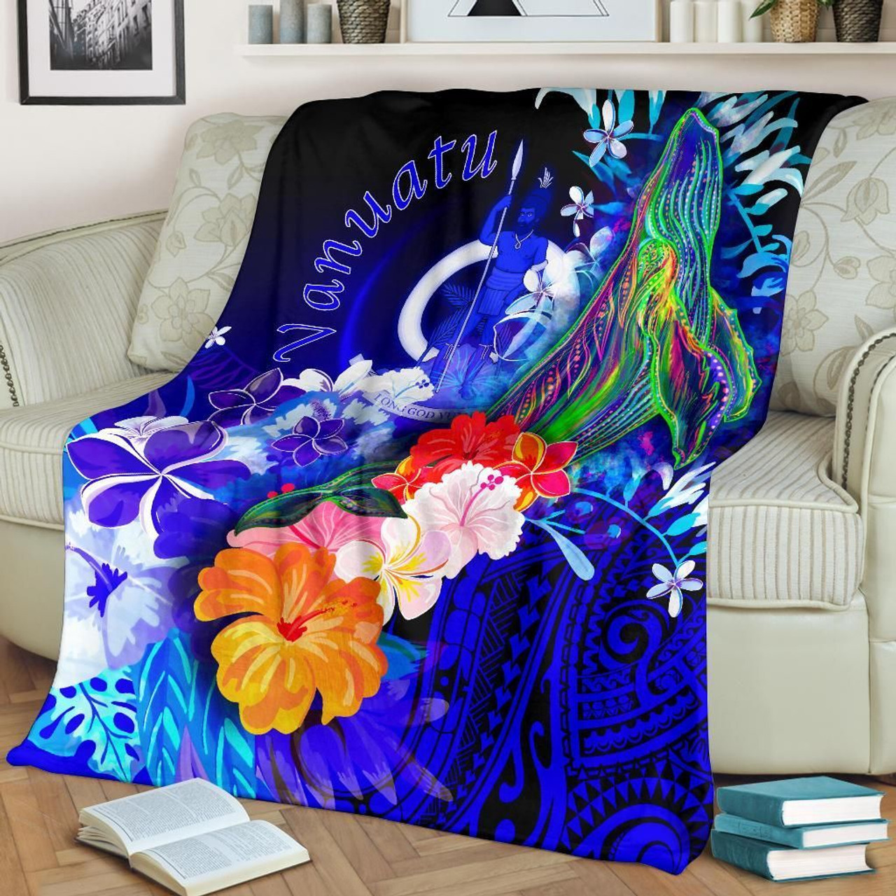 Vanuatu Premium Blanket- Humpback Whale with Tropical Flowers (Blue) 2