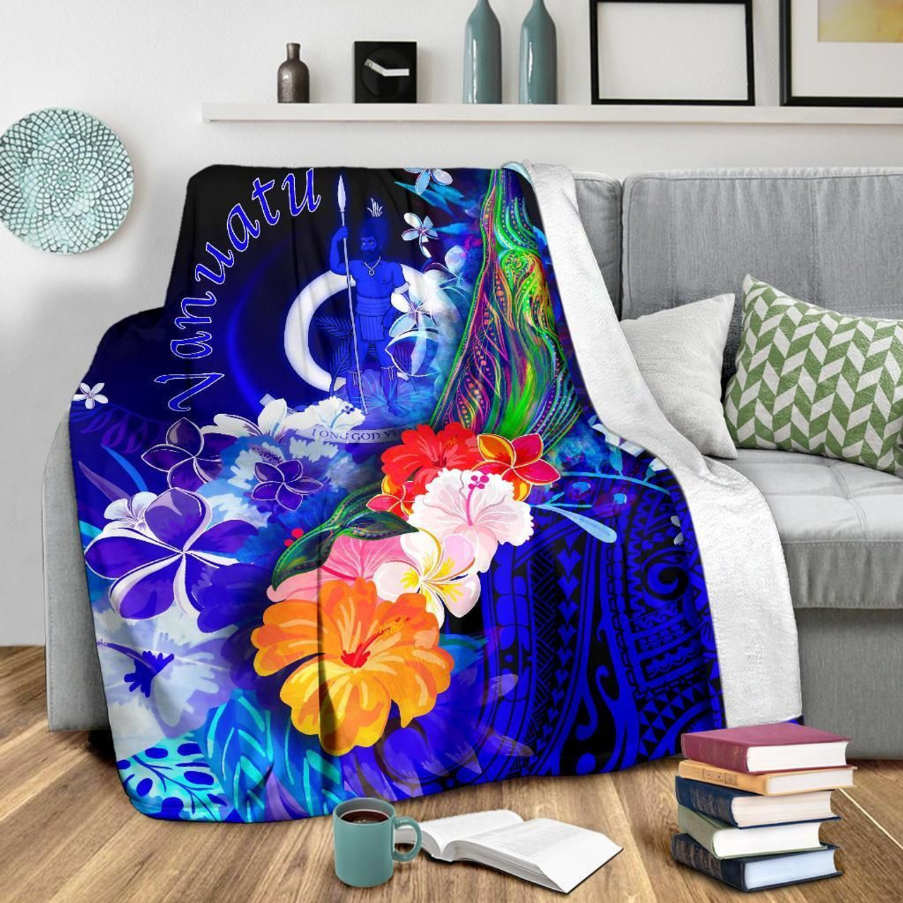 Vanuatu Premium Blanket- Humpback Whale with Tropical Flowers (Blue) 3