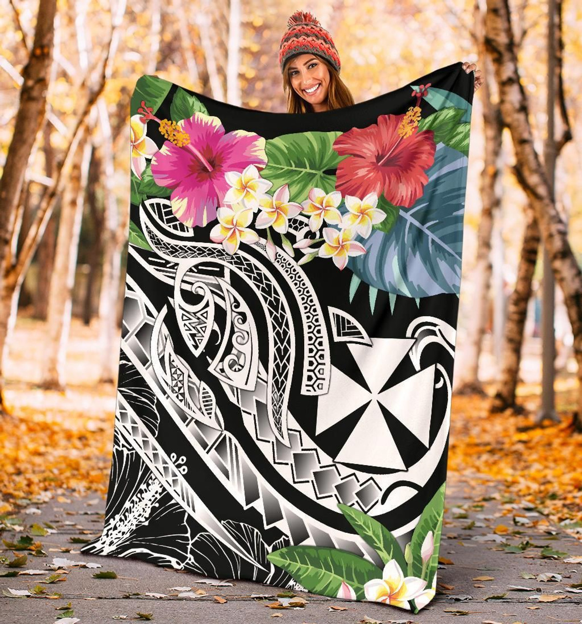 Wallis and Futuna Polynesian Premium Blanket - Summer Plumeria (Black) 4