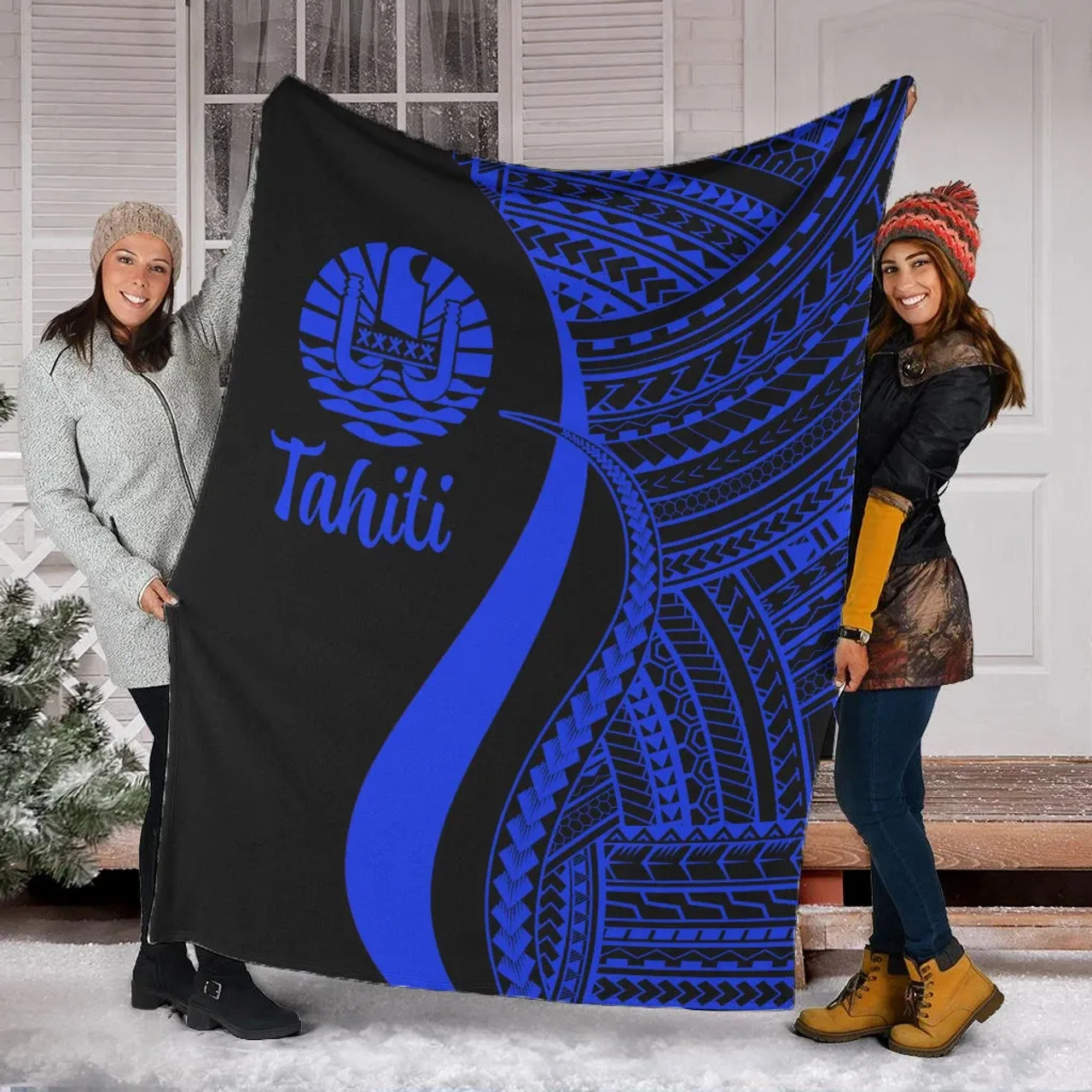 Tahiti Premium Blanket - Blue Polynesian Tentacle Tribal Pattern 1