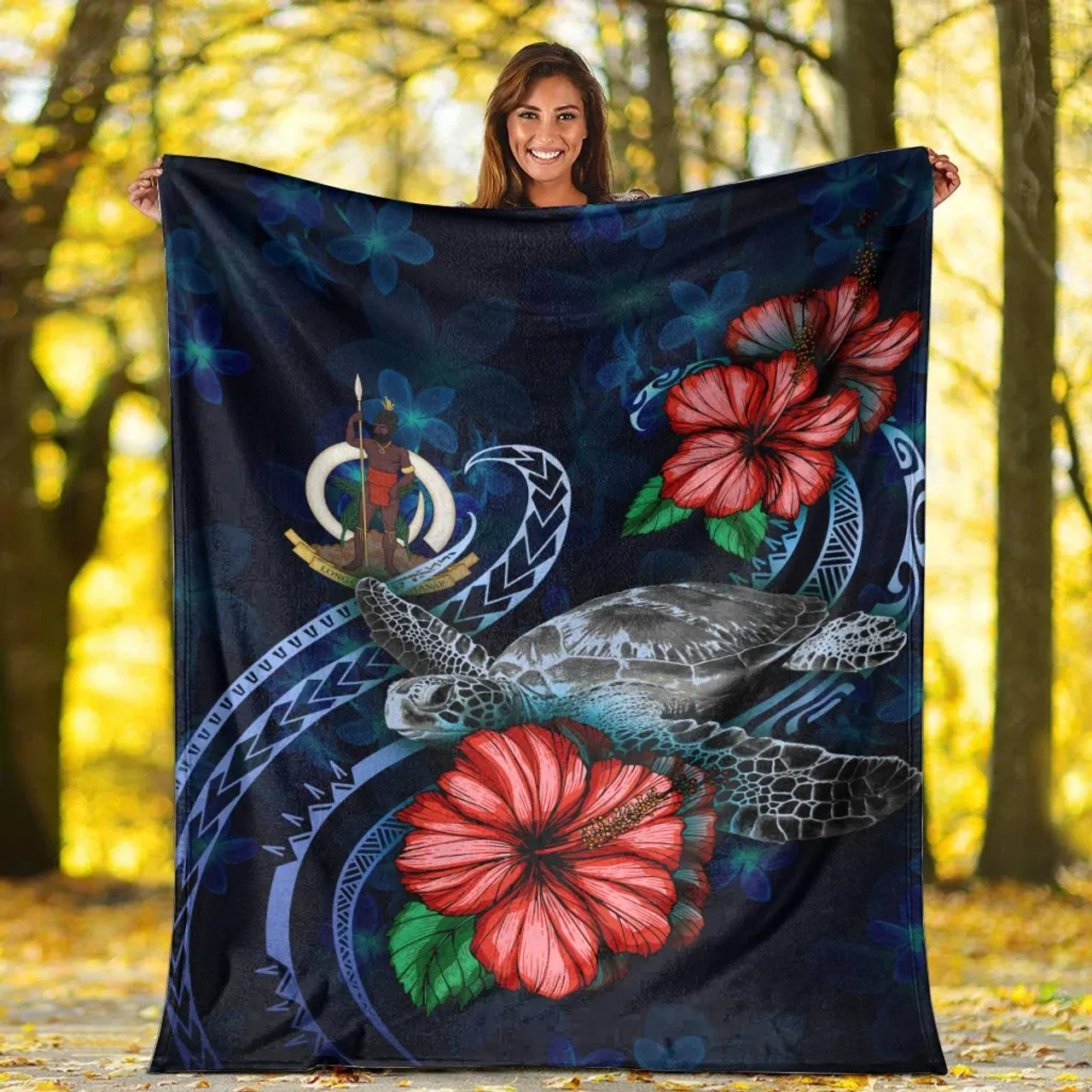 Vanuatu Polynesian Premium Blanket - Blue Turtle Hibiscus 5