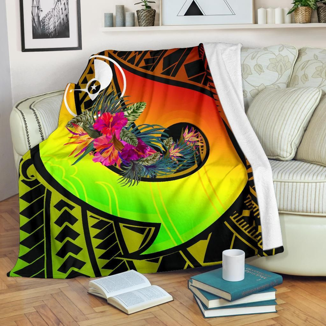 Yap Premium Blanket - Polynesian Hook And Hibiscus (Raggae) 2