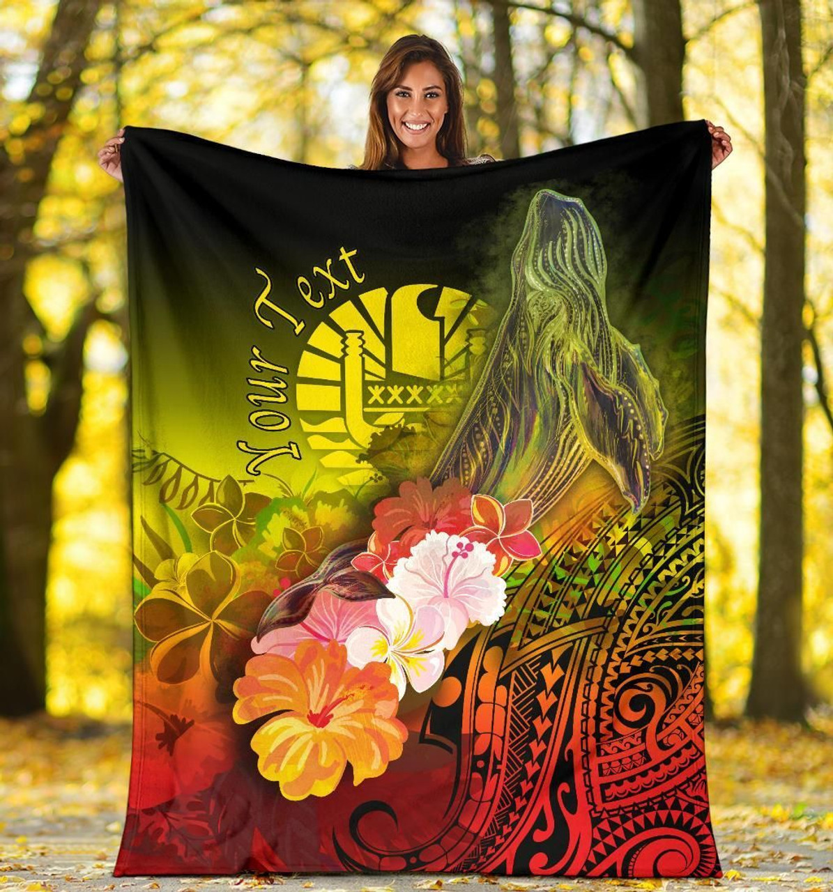 Tahiti Custom Personalised Premium Blanket - Humpback Whale with Tropical Flowers (Yellow) 5