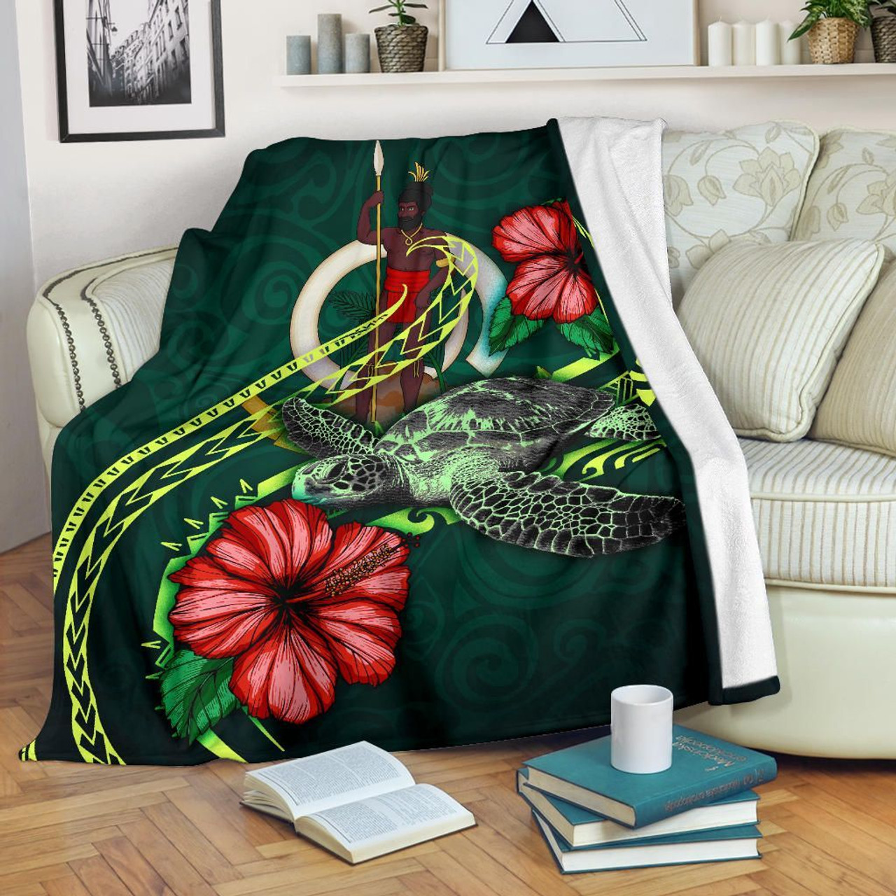 Vanuatu Polynesian Premium Blanket - Green Turtle Hibiscus 1