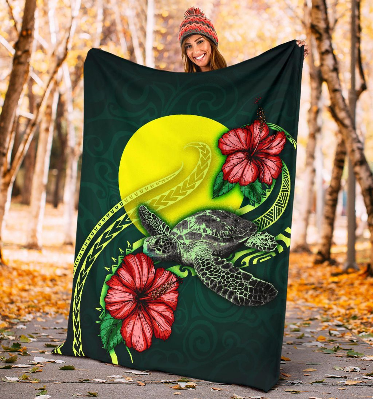 Palau Polynesian Premium Blanket - Green Turtle Hibiscus 4