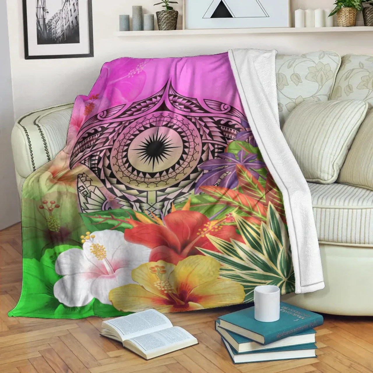 Marshall Islands Polynesian Premium Blanket - Manta Ray Tropical Flowers 2