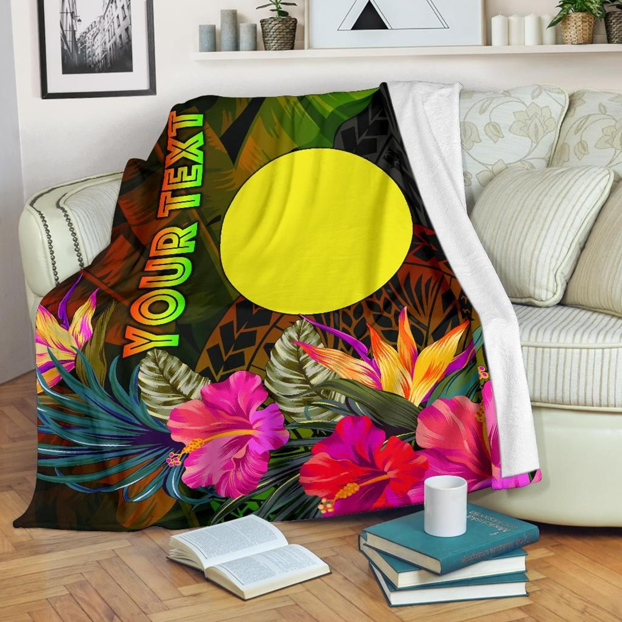 Palau Polynesian Personalised Premium Blanket -  Hibiscus and Banana Leaves 1