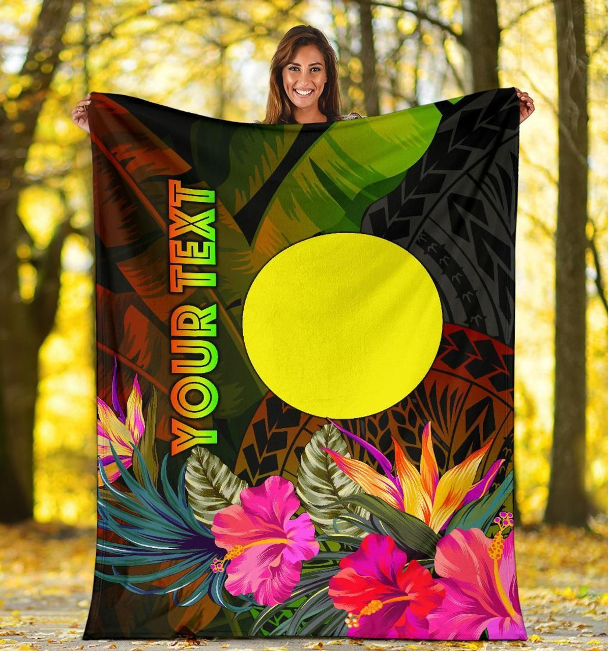 Palau Polynesian Personalised Premium Blanket -  Hibiscus and Banana Leaves 5