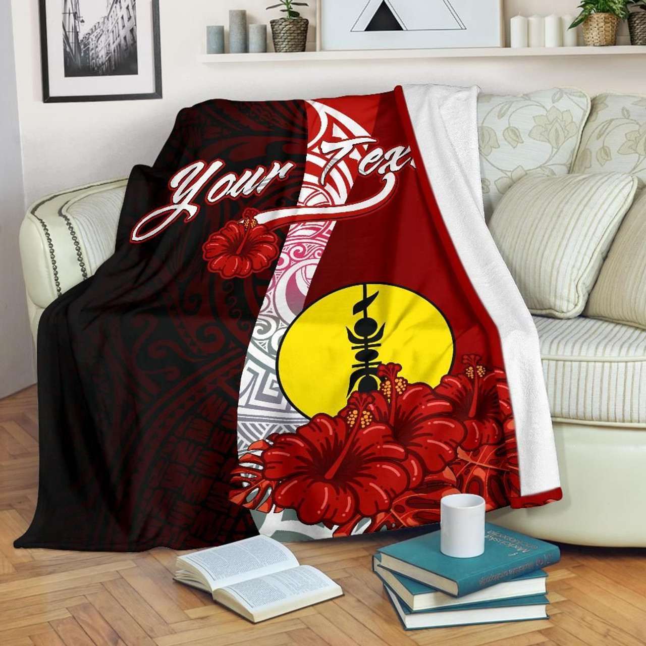 New Caledonia Polynesian Custom Personalised Premium Blanket - Coat Of Arm With Hibiscus 1