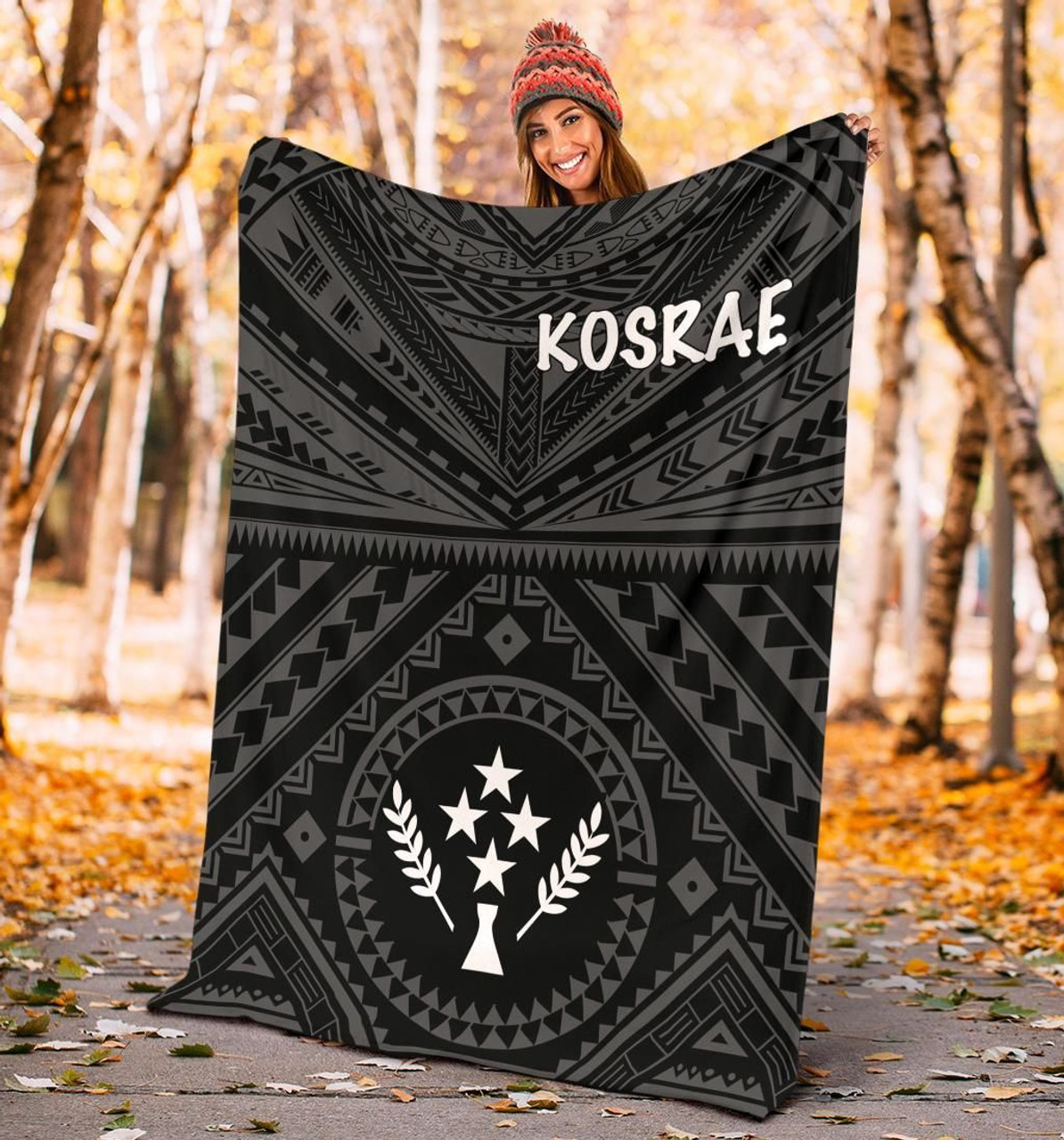 Kosrae Premium Blanket - Kosrae Flag In Polynesian Tattoo Style (Black) 2
