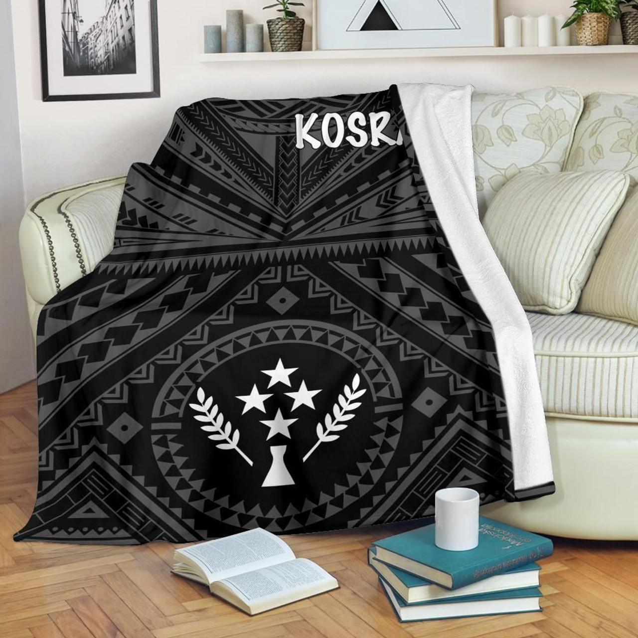 Kosrae Premium Blanket - Kosrae Flag In Polynesian Tattoo Style (Black) 3