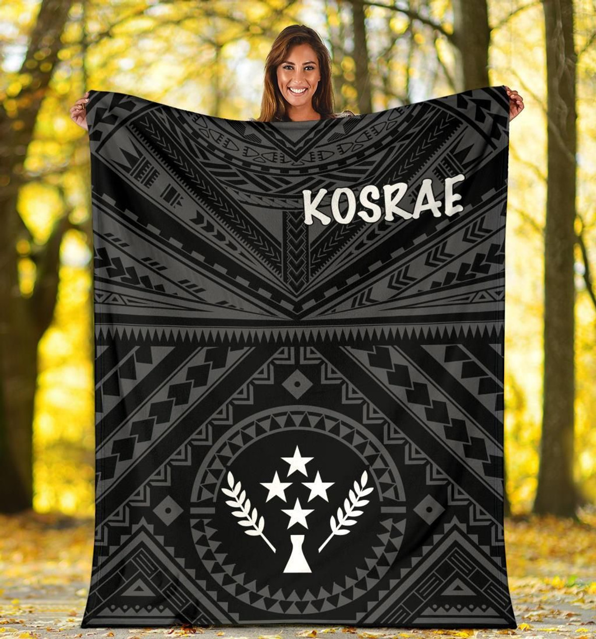 Kosrae Premium Blanket - Kosrae Flag In Polynesian Tattoo Style (Black) 5