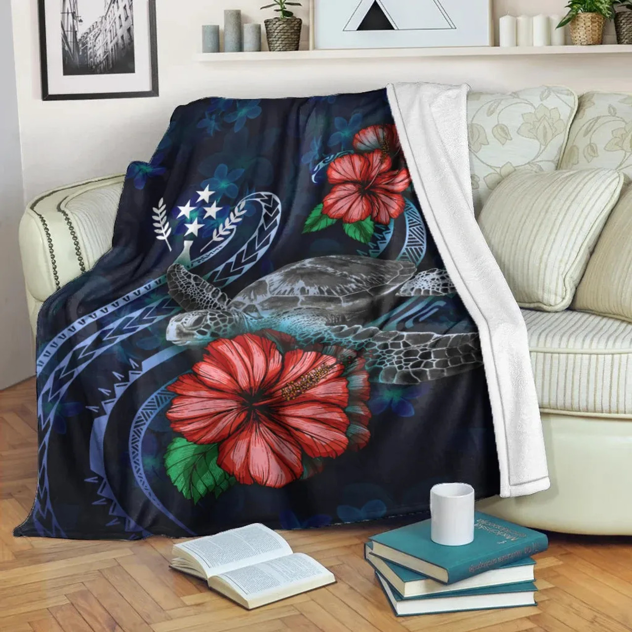 Kosrae Polynesian Premium Blanket - Blue Turtle Hibiscus 1