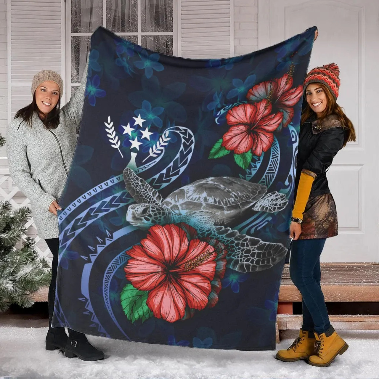 Kosrae Polynesian Premium Blanket - Blue Turtle Hibiscus 6