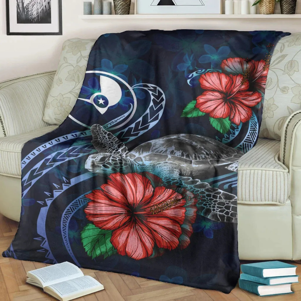 Yap Polynesian Premium Blanket - Blue Turtle Hibiscus 2
