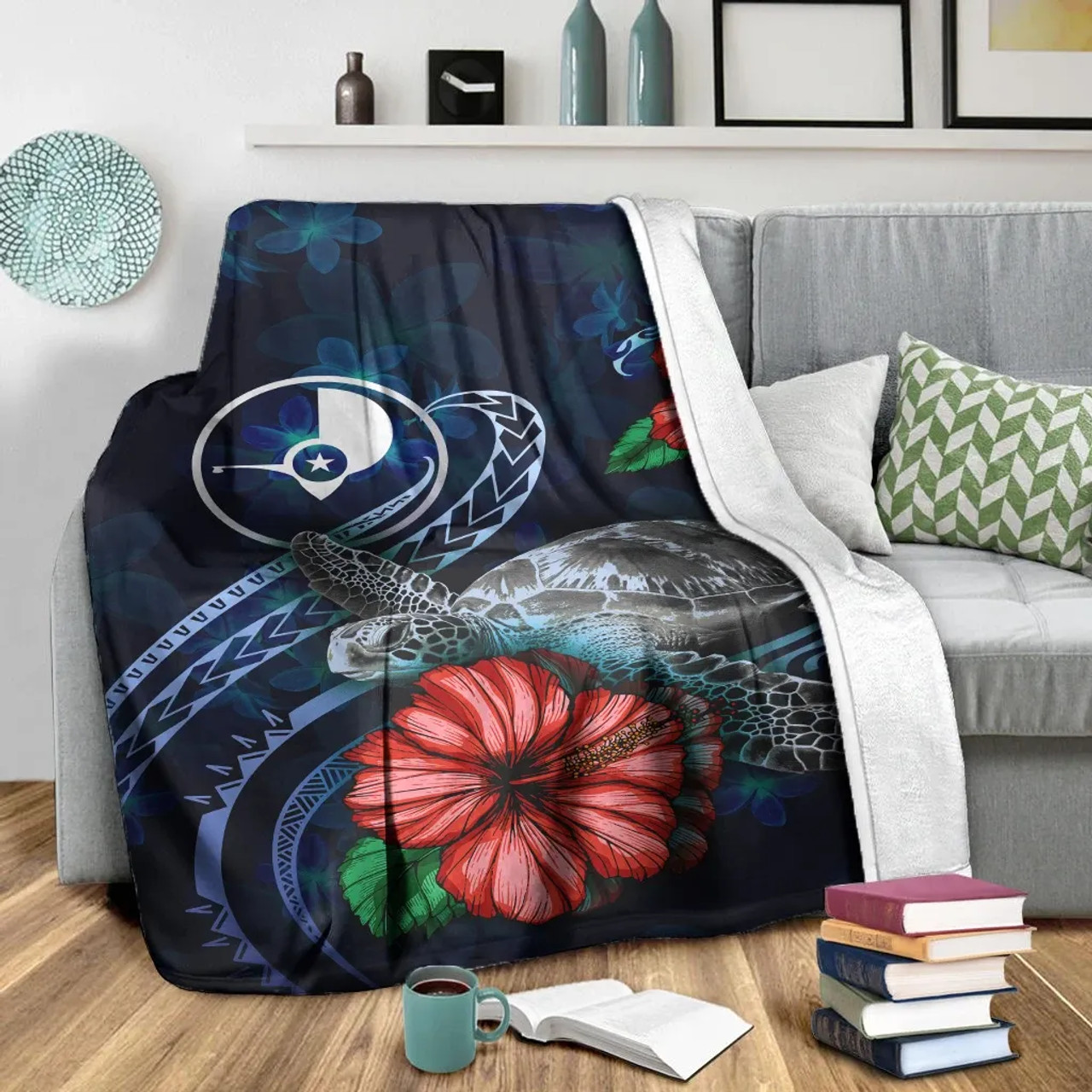 Yap Polynesian Premium Blanket - Blue Turtle Hibiscus 3