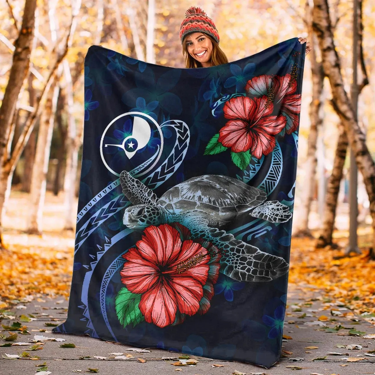 Yap Polynesian Premium Blanket - Blue Turtle Hibiscus 4