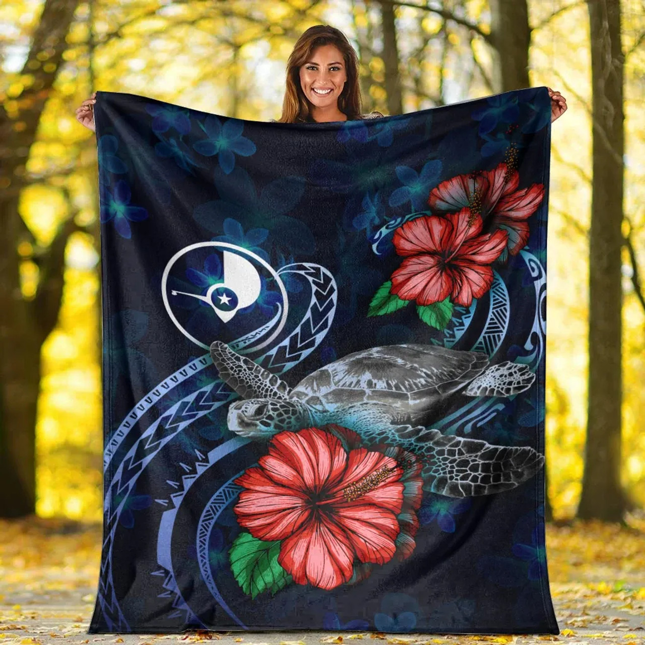 Yap Polynesian Premium Blanket - Blue Turtle Hibiscus 5