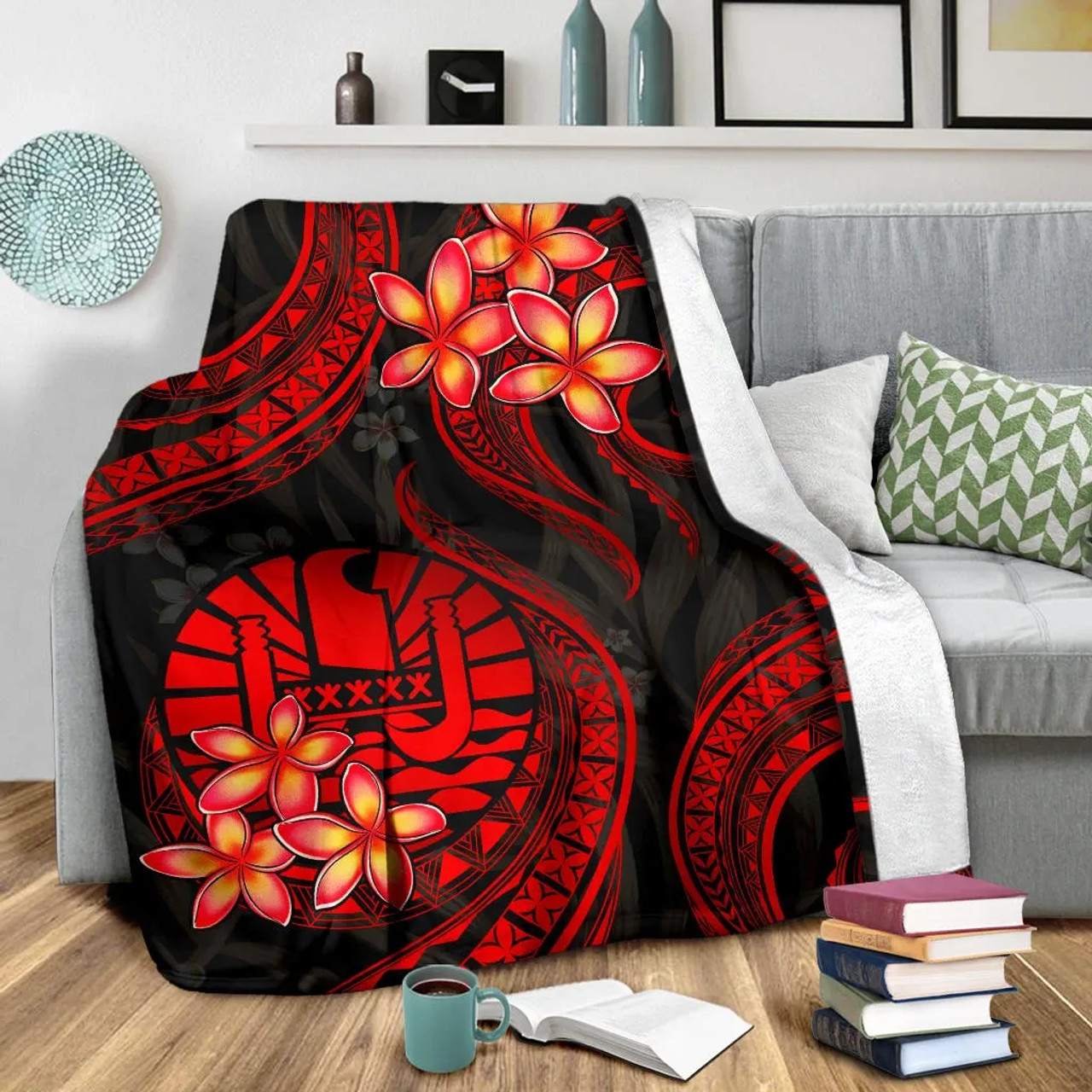 Tahiti Polynesian Premium Blanket - Red Plumeria 3