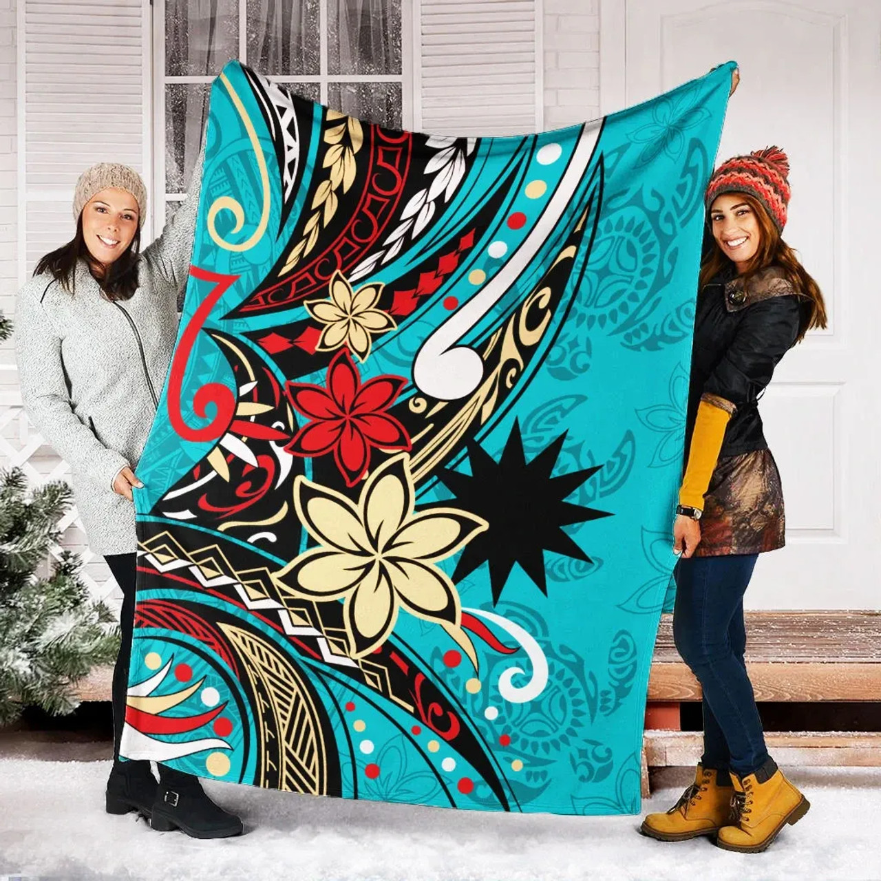 Nauru Premium Blanket - Tribal Flower With Special Turtles Blue Color 6