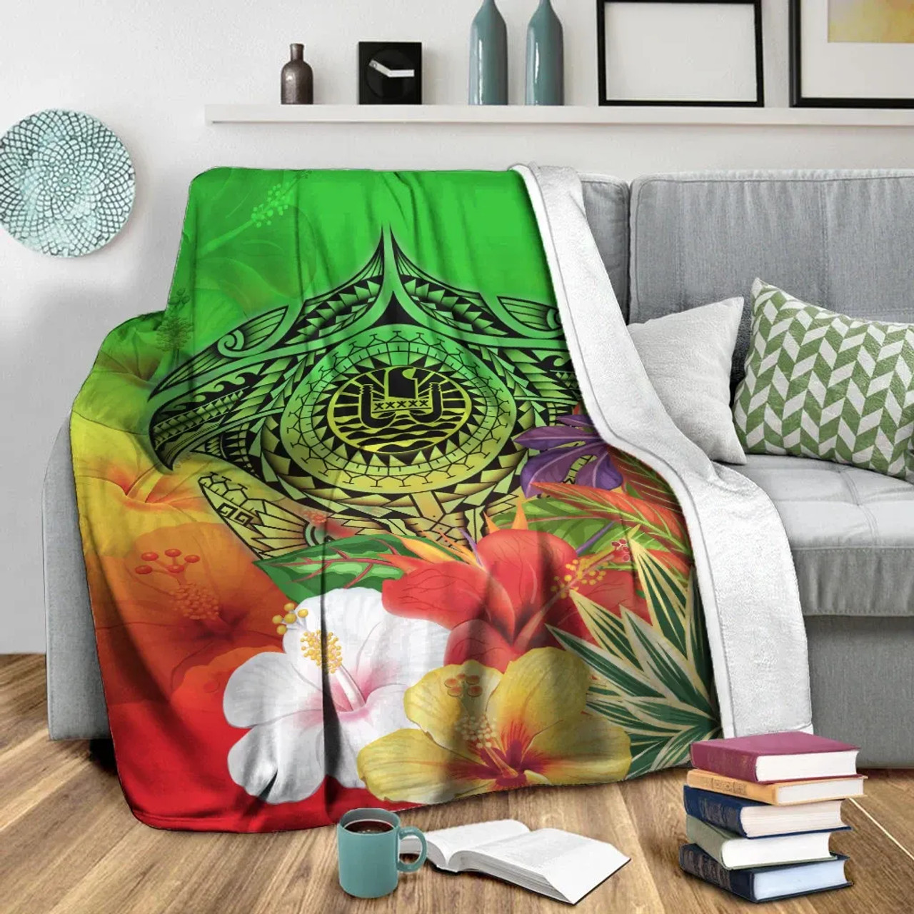 Tahiti Premium Blanket - Manta Ray Tropical Flowers (Green) 1