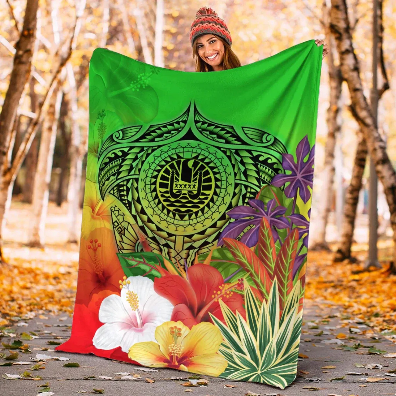 Tahiti Premium Blanket - Manta Ray Tropical Flowers (Green) 4