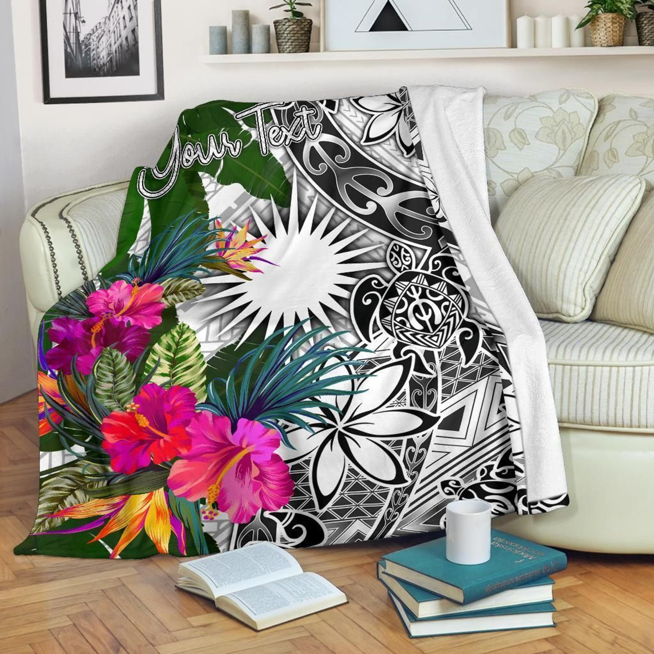 Marshall Islands Custom Personalised Premium Blanket White - Turtle Plumeria Banana Leaf 2