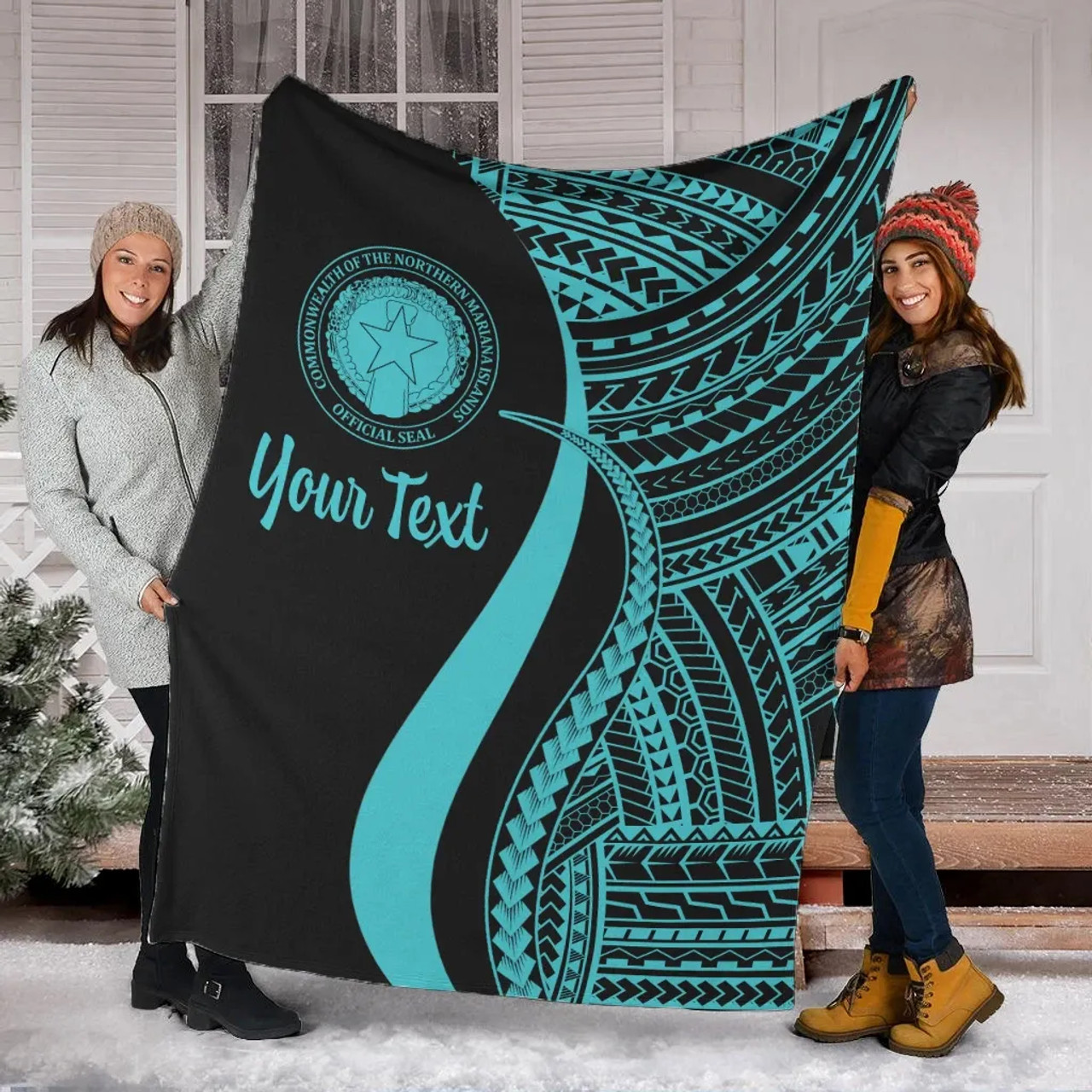 Northern Mariana Islands Custom Personalised Premium Blanket - Turquoise Polynesian Tentacle Tribal Pattern 1