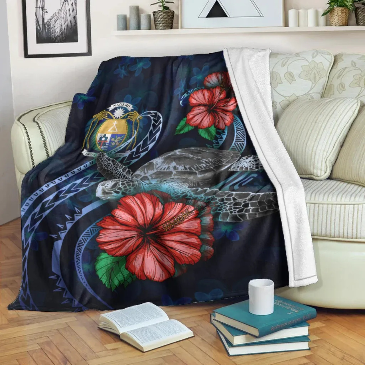Nauru Polynesian Premium Blanket - Blue Turtle Hibiscus 1