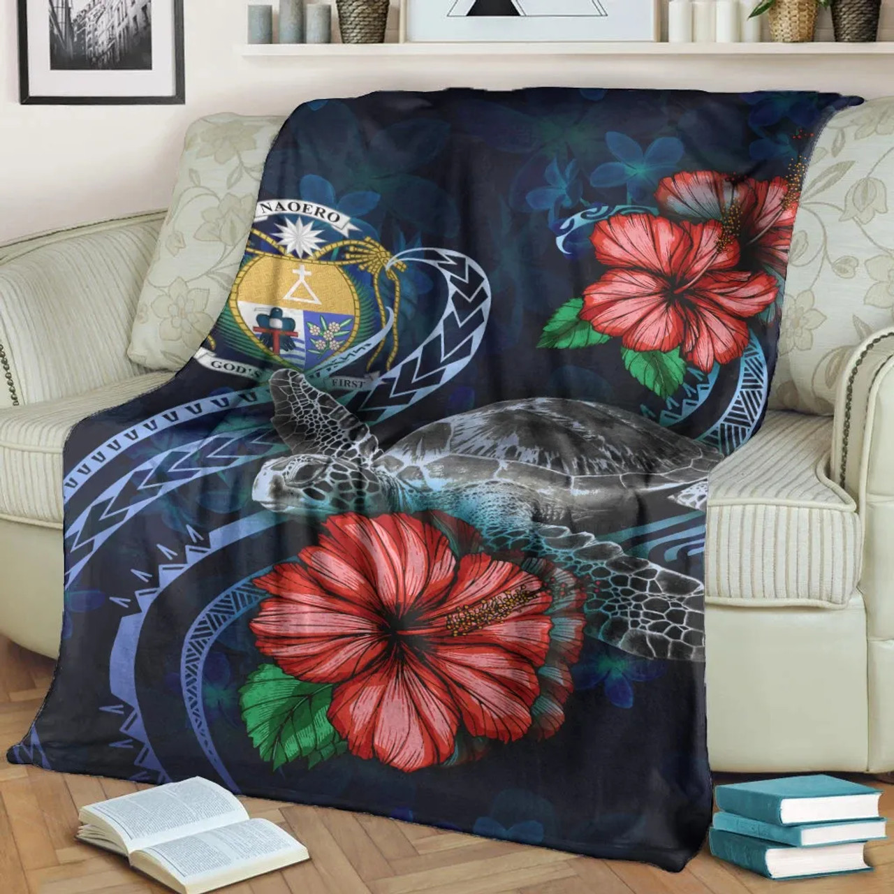 Nauru Polynesian Premium Blanket - Blue Turtle Hibiscus 2