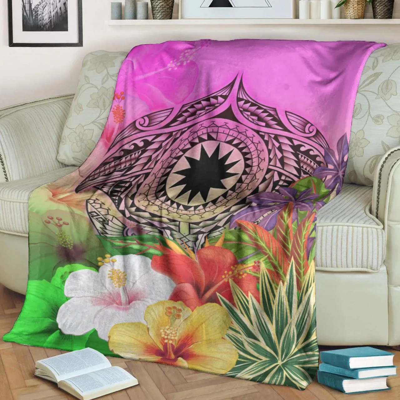 Nauru Polynesian Premium Blanket - Manta Ray Tropical Flowers 3