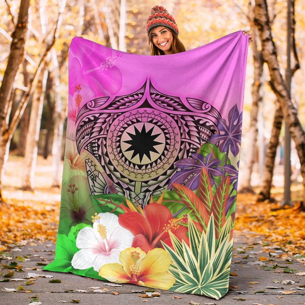 Nauru Polynesian Premium Blanket - Manta Ray Tropical Flowers 4