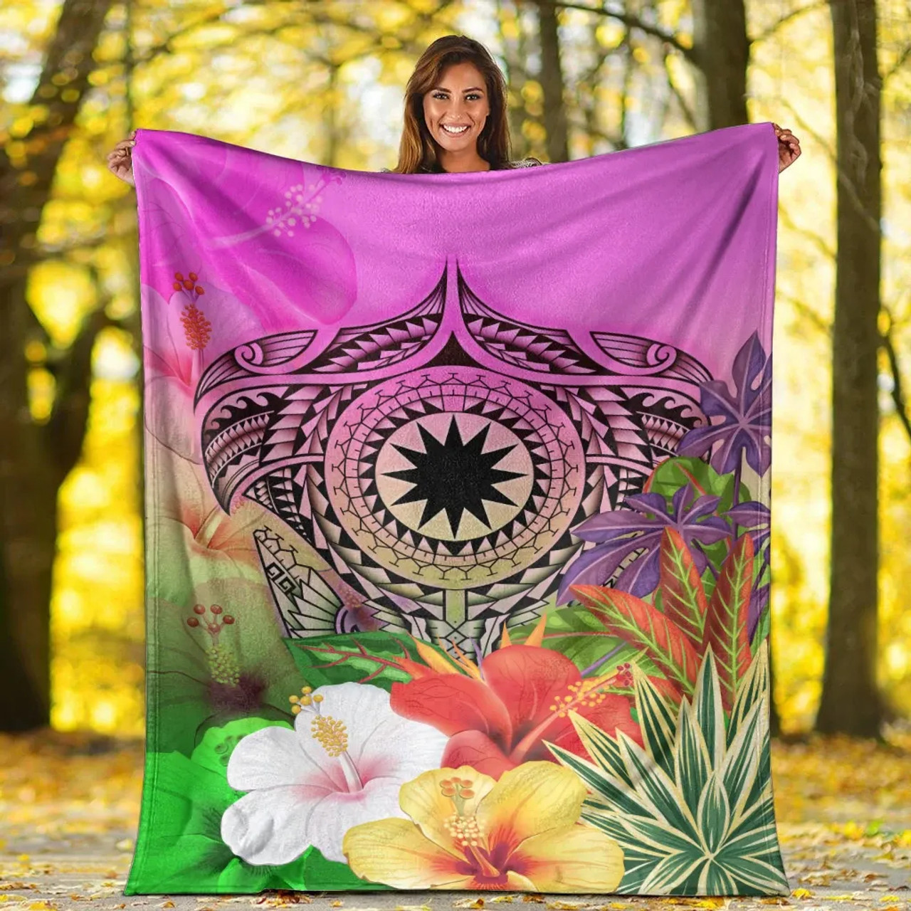 Nauru Polynesian Premium Blanket - Manta Ray Tropical Flowers 5