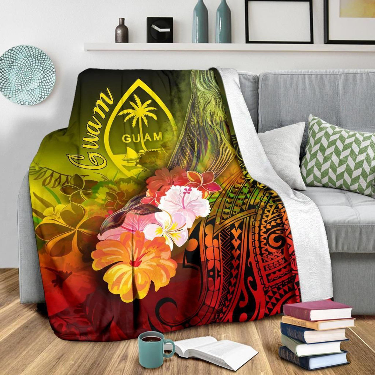 Guam Premium Blanket - Humpback Whale with Tropical Flowers (Yellow) 3