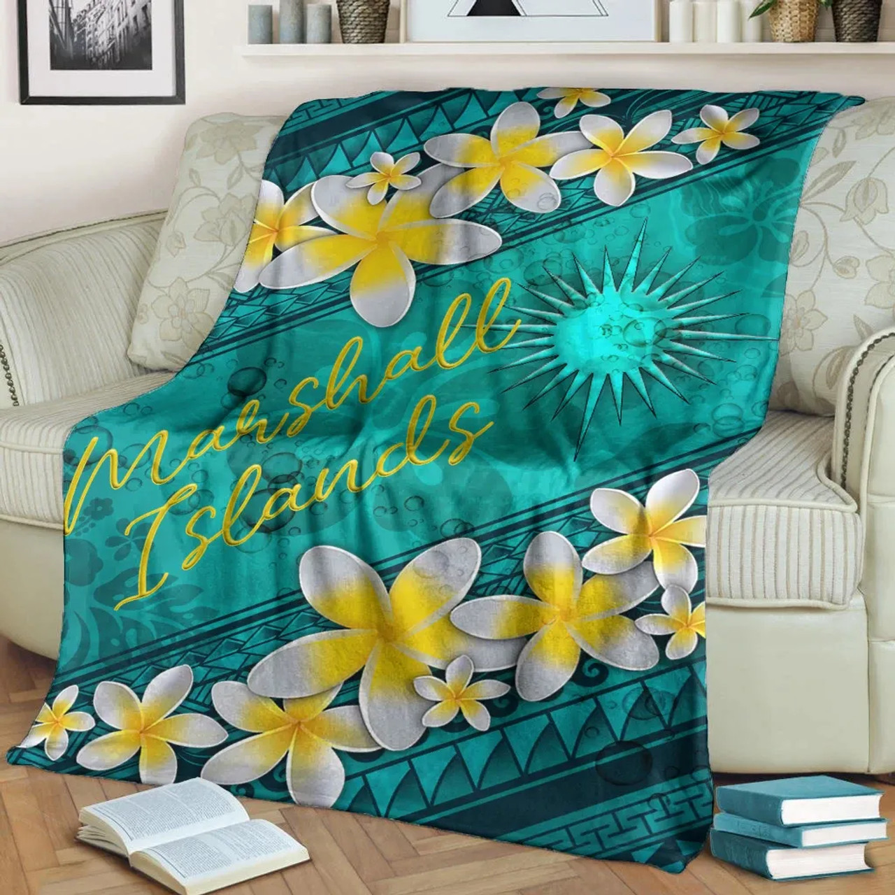 Marshall Islands Polynesian Blanket - Plumeria With Blue Ocean 3