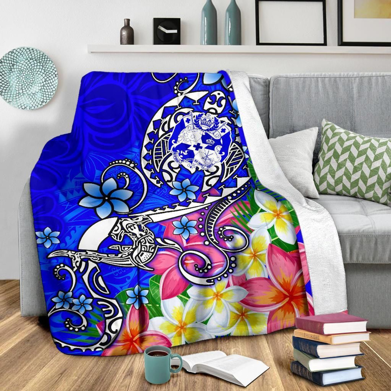 Tonga Premium Blanket - Turtle Plumeria (Blue) 3