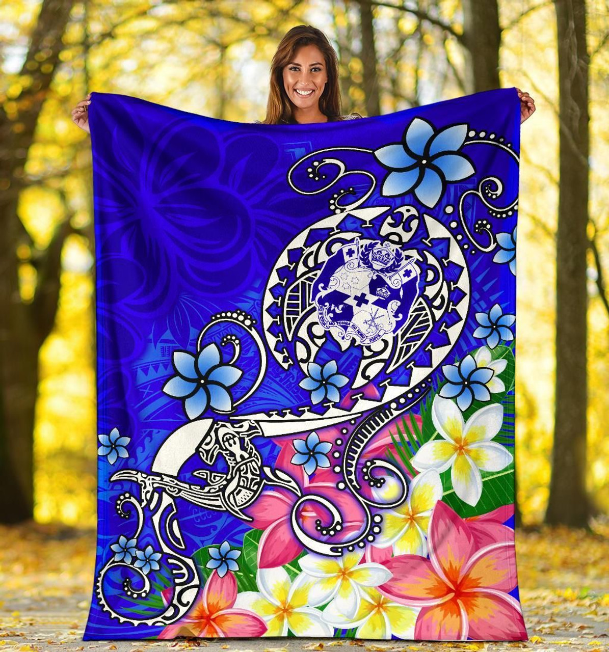 Tonga Premium Blanket - Turtle Plumeria (Blue) 5