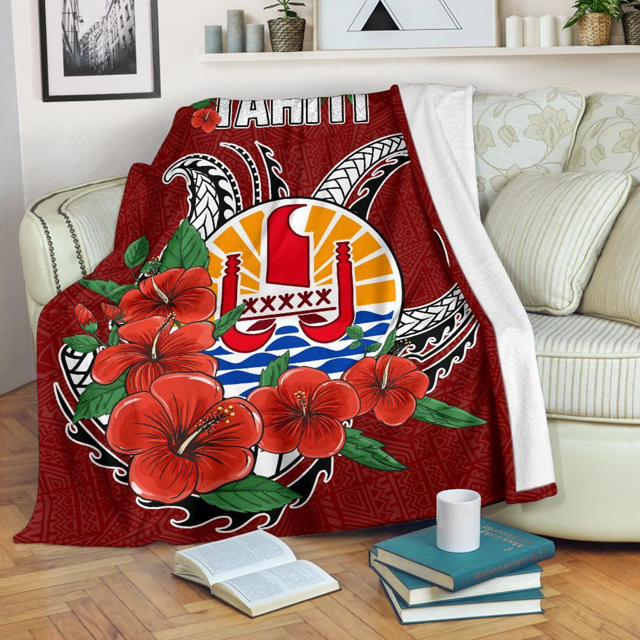 Tahiti Polynesian Premium Blanket - Hibiscus Coat of Arm Red 1