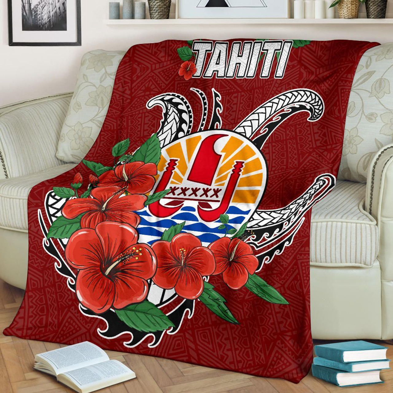 Tahiti Polynesian Premium Blanket - Hibiscus Coat of Arm Red 2